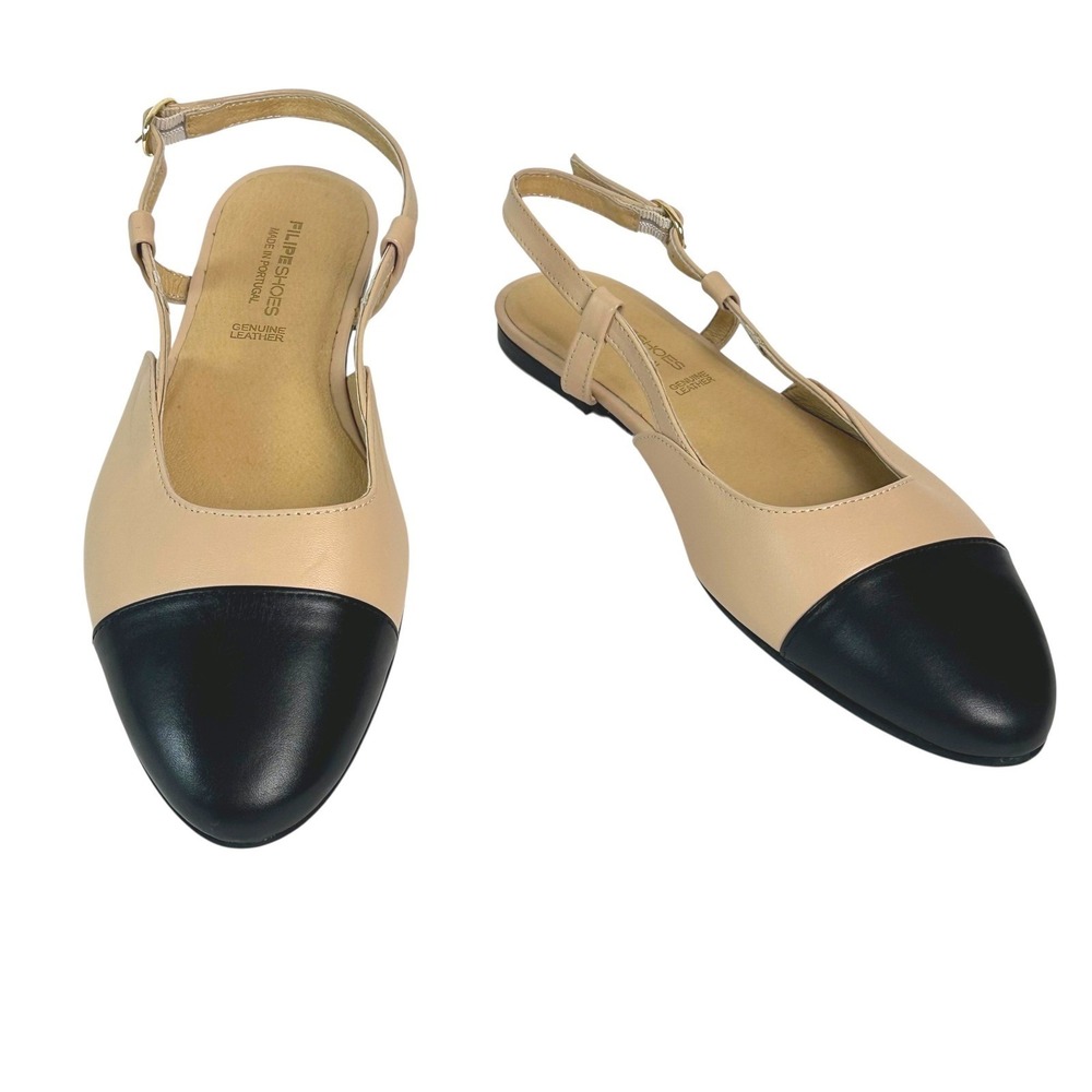 FILIPE SHOES Womens Slingback Black Cap Toe‎ Flats Leather Portugal 40